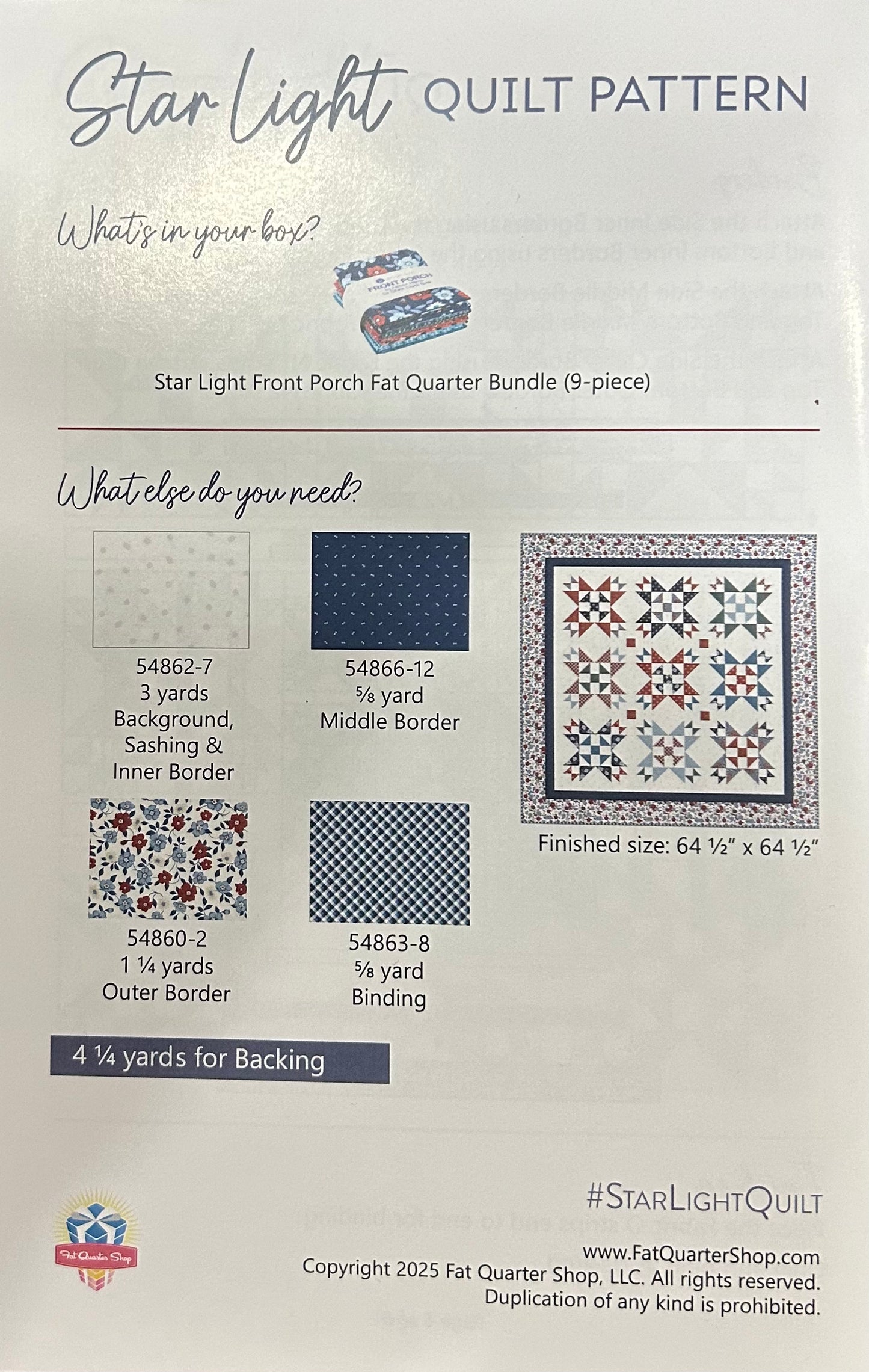 Star Light Front Porch Fat Quarter Bundle with Free Pattern Included